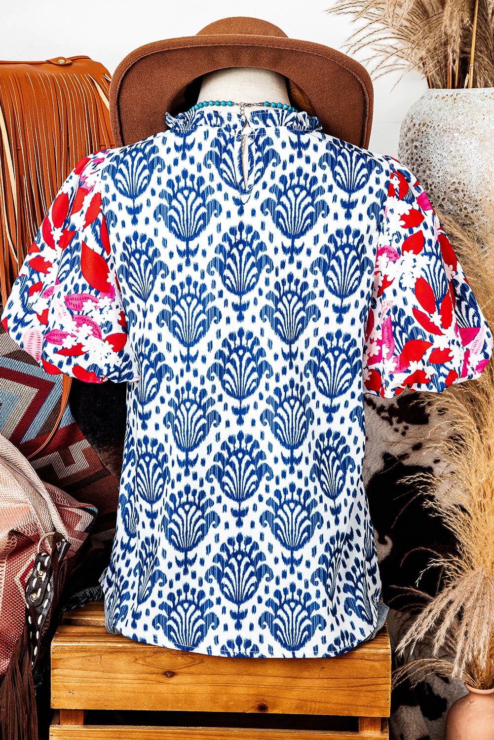 Western Fashion Print Floral Puff Sleeve Frill Neck Blouse