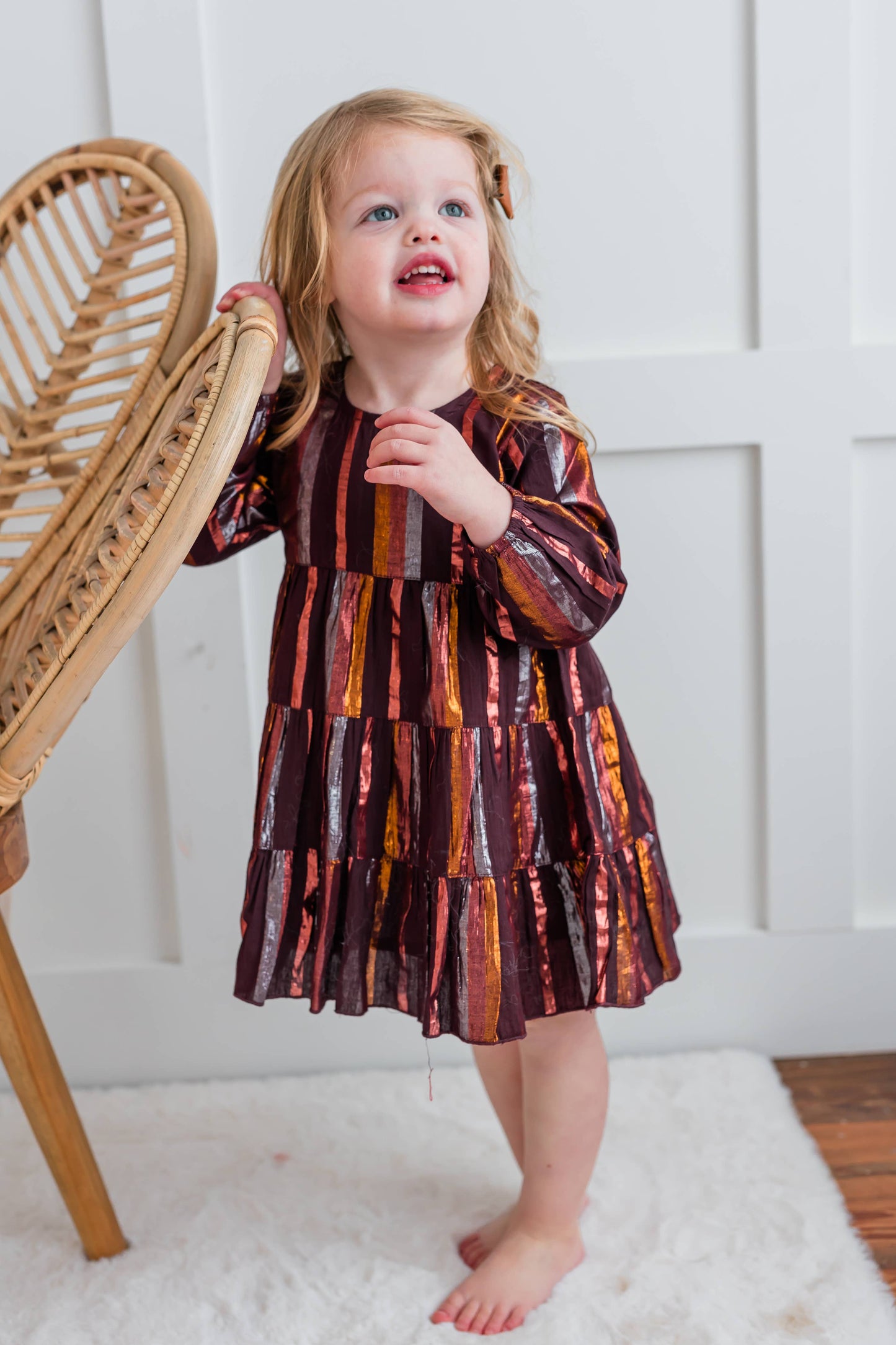 Burgundy Multi Lurex Tiered Long Sleeve Dress