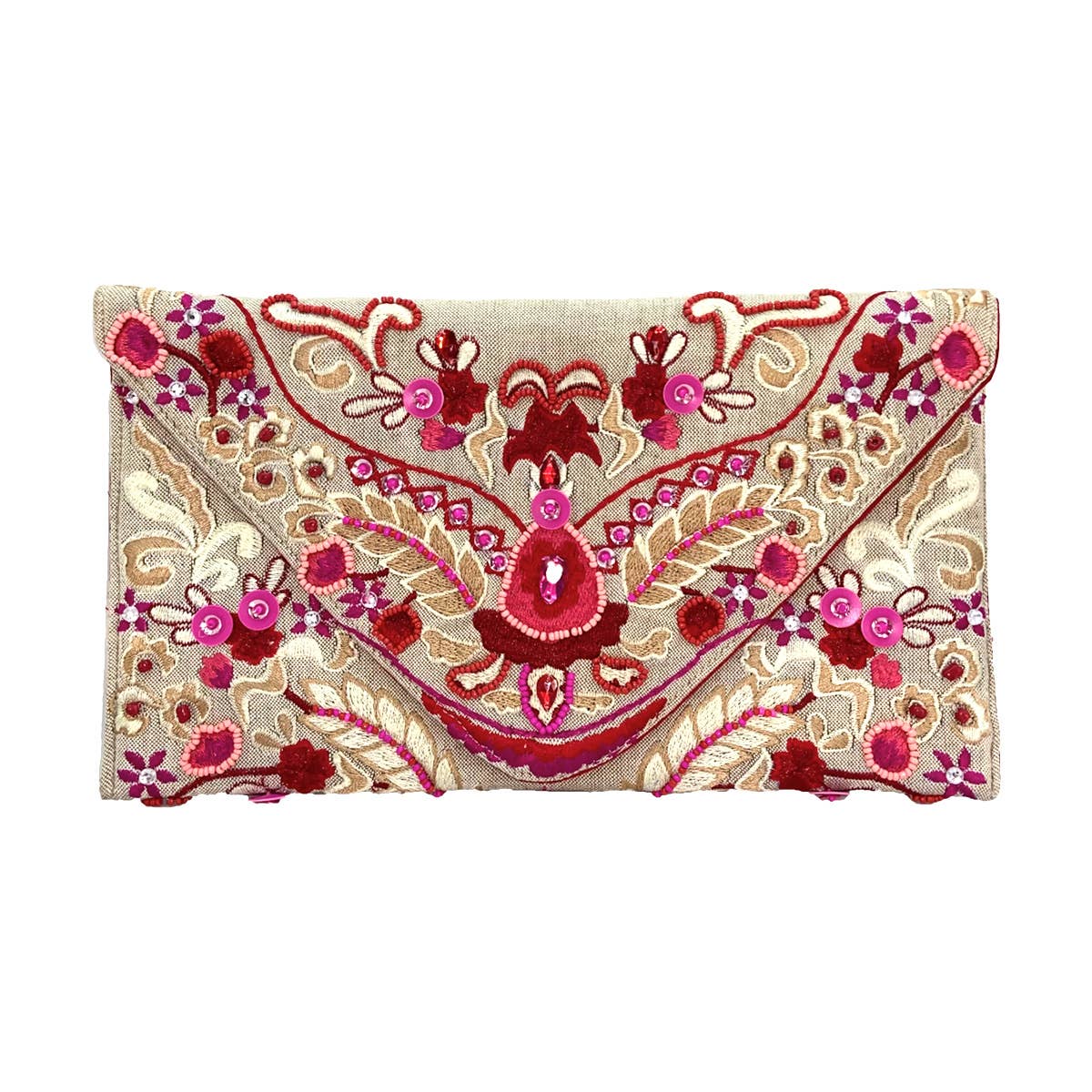 Natural Clutch With Pink and Red Beaded Floral Embroidery