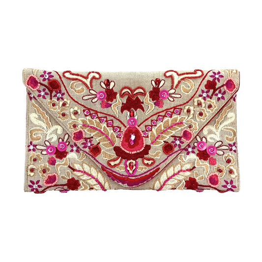 Natural Clutch With Pink and Red Beaded Floral Embroidery