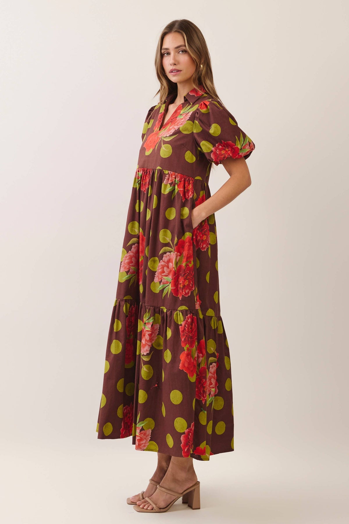 CD07547-Floral Polka Dot Tiered Maxi Dress