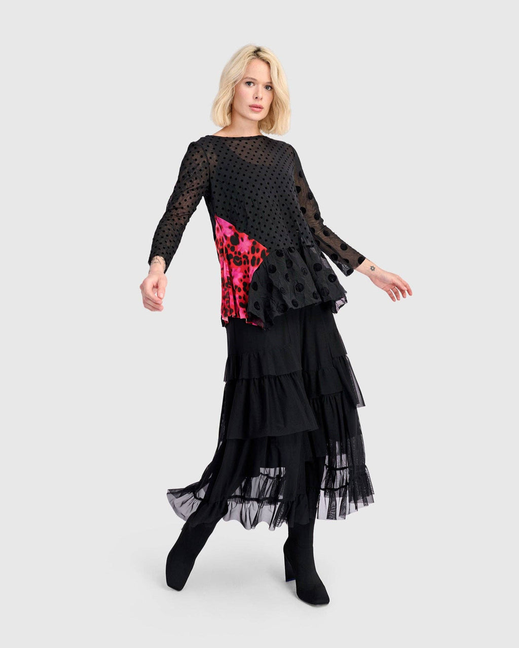 Samba Tiered Mesh Skirt, Black