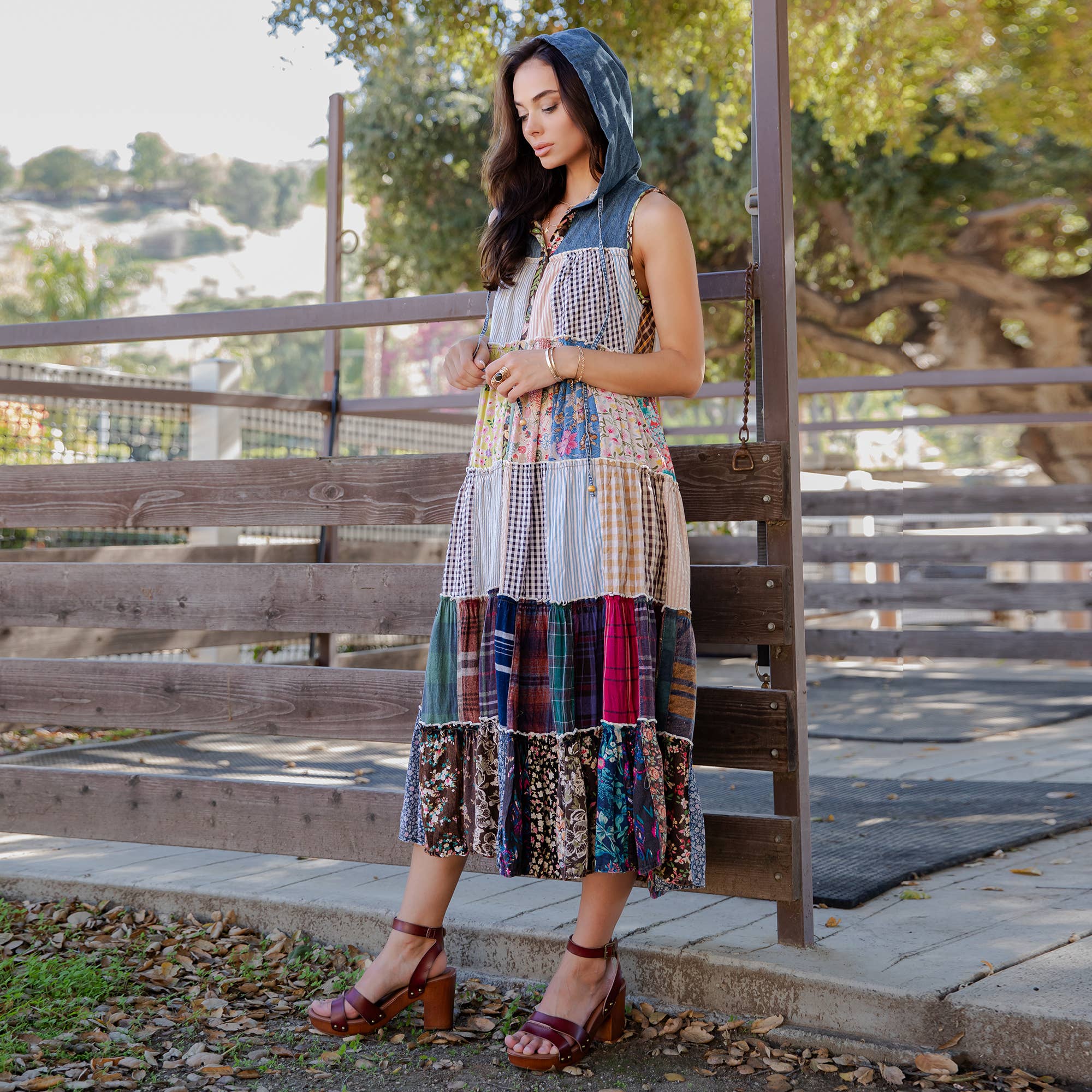 Boho Patchwork Sleeveless Maxi Duster With Hoodie NEW