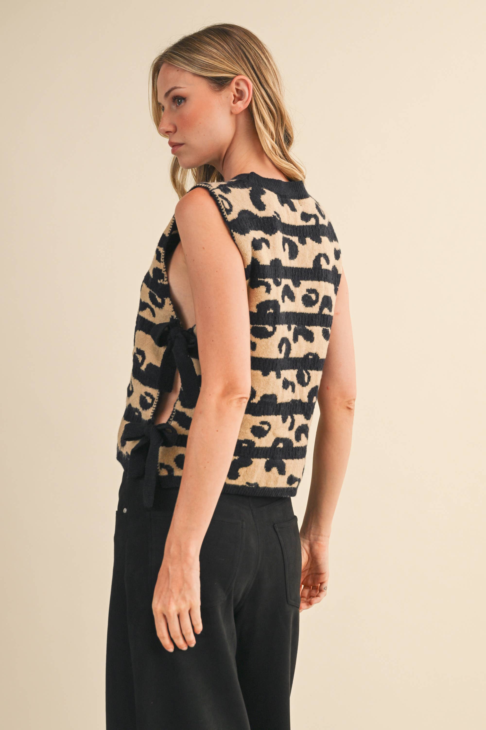 Striped Leopard Side Tie Sweater Vest