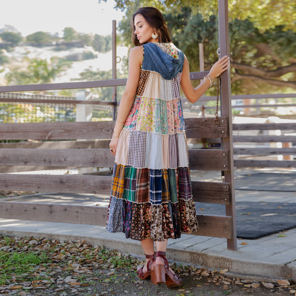 Boho Patchwork Sleeveless Maxi Duster With Hoodie NEW