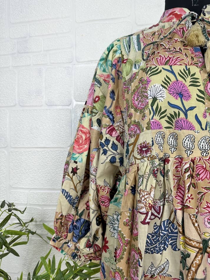 Hand Patchwork Cotton Dress - Beigh