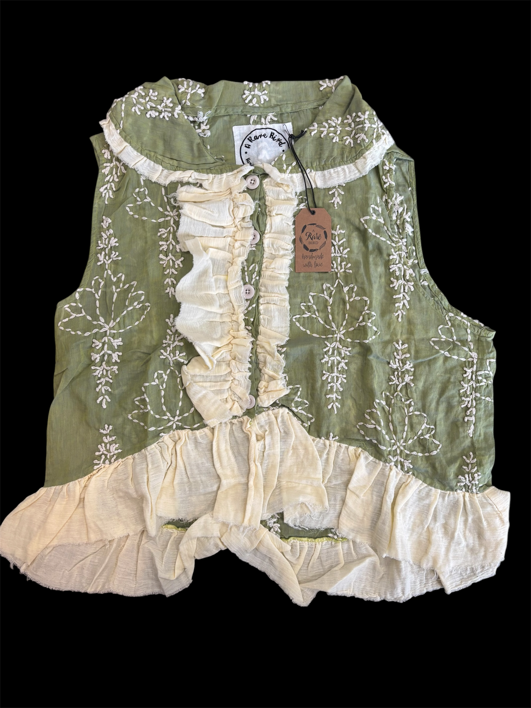 Green Embroidery Ruffle Vest