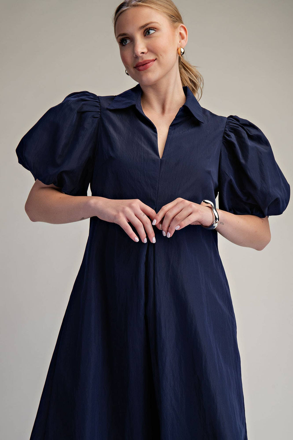 Collar V-Neck Puff Sleeve Pleated Midi Dress