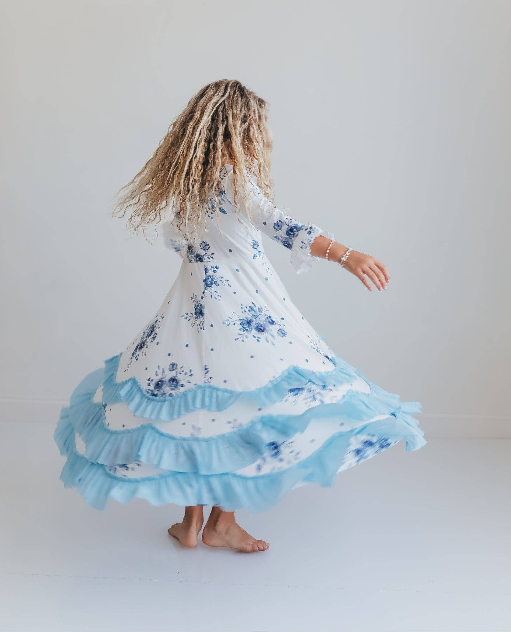 Girls Dusty Blue Winter Floral Long Sleeve Ruffles Dress