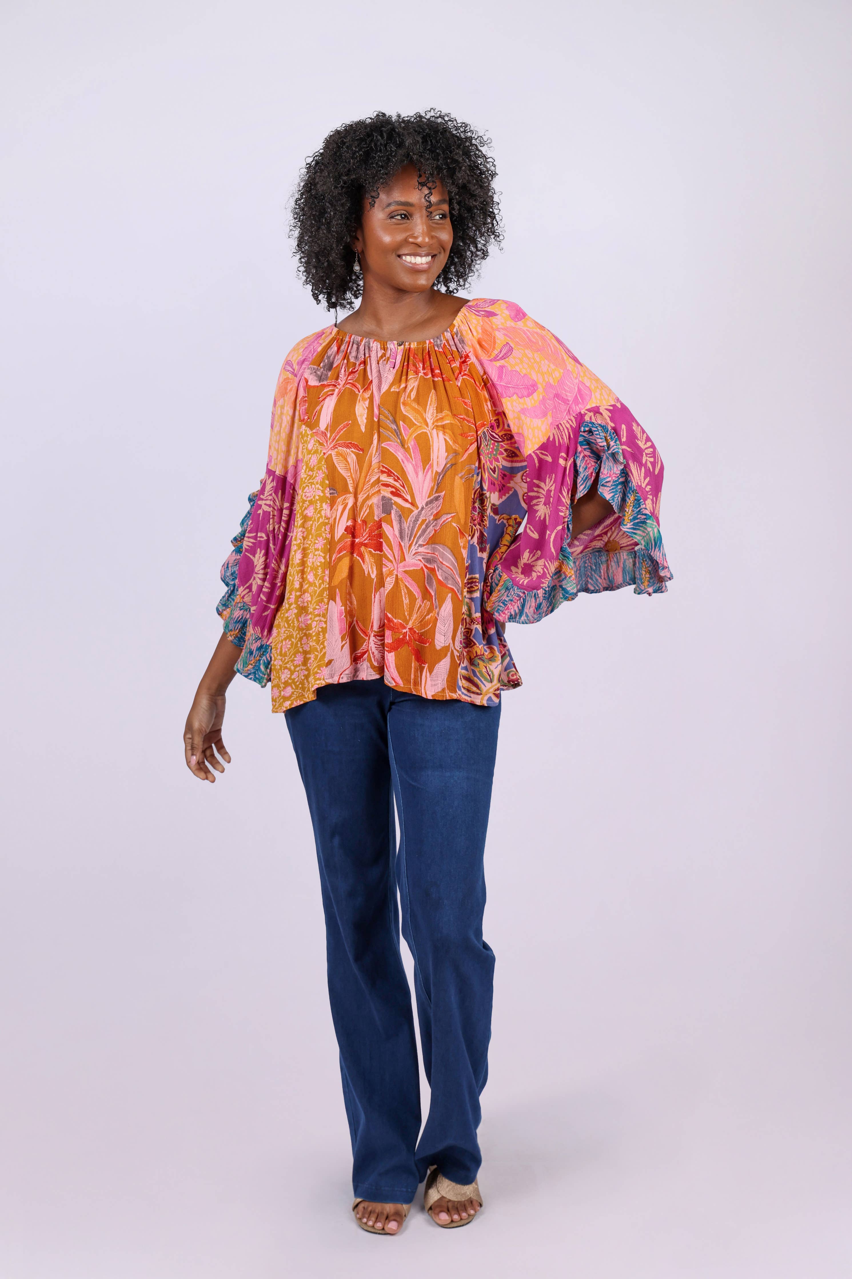 Flair Sleeve Floral Blouse: Rose Meadow Patchwork