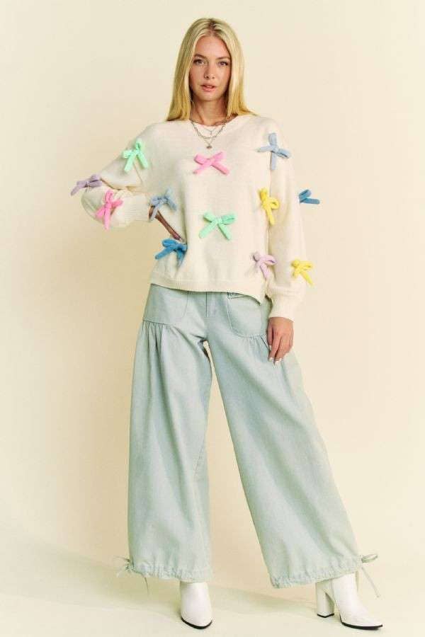 MULTI COLOR RIBBON BOW TIE LOOSE FIT KNIT SWEATER