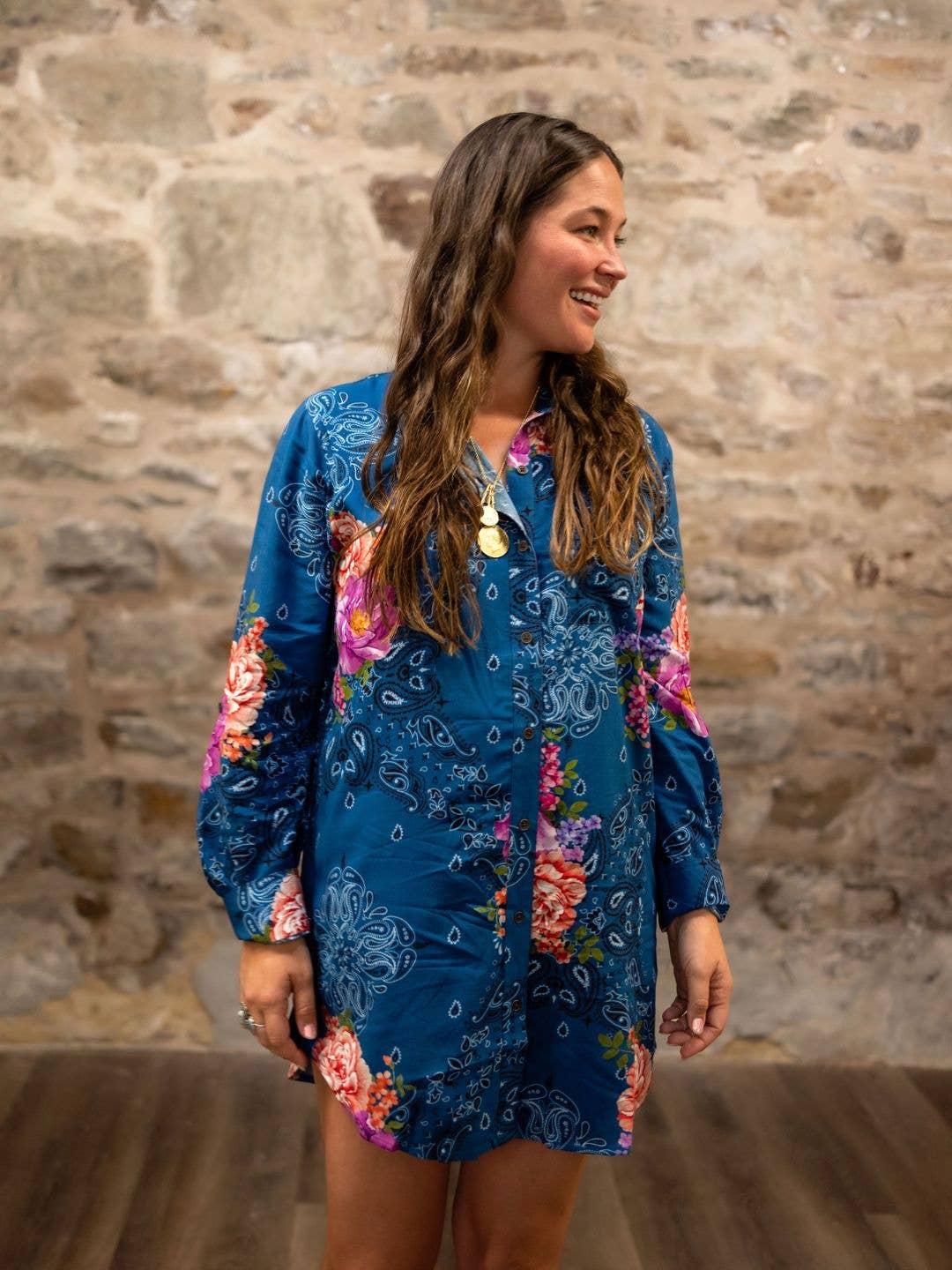 Blue Bandana Bloom Shirt Dress