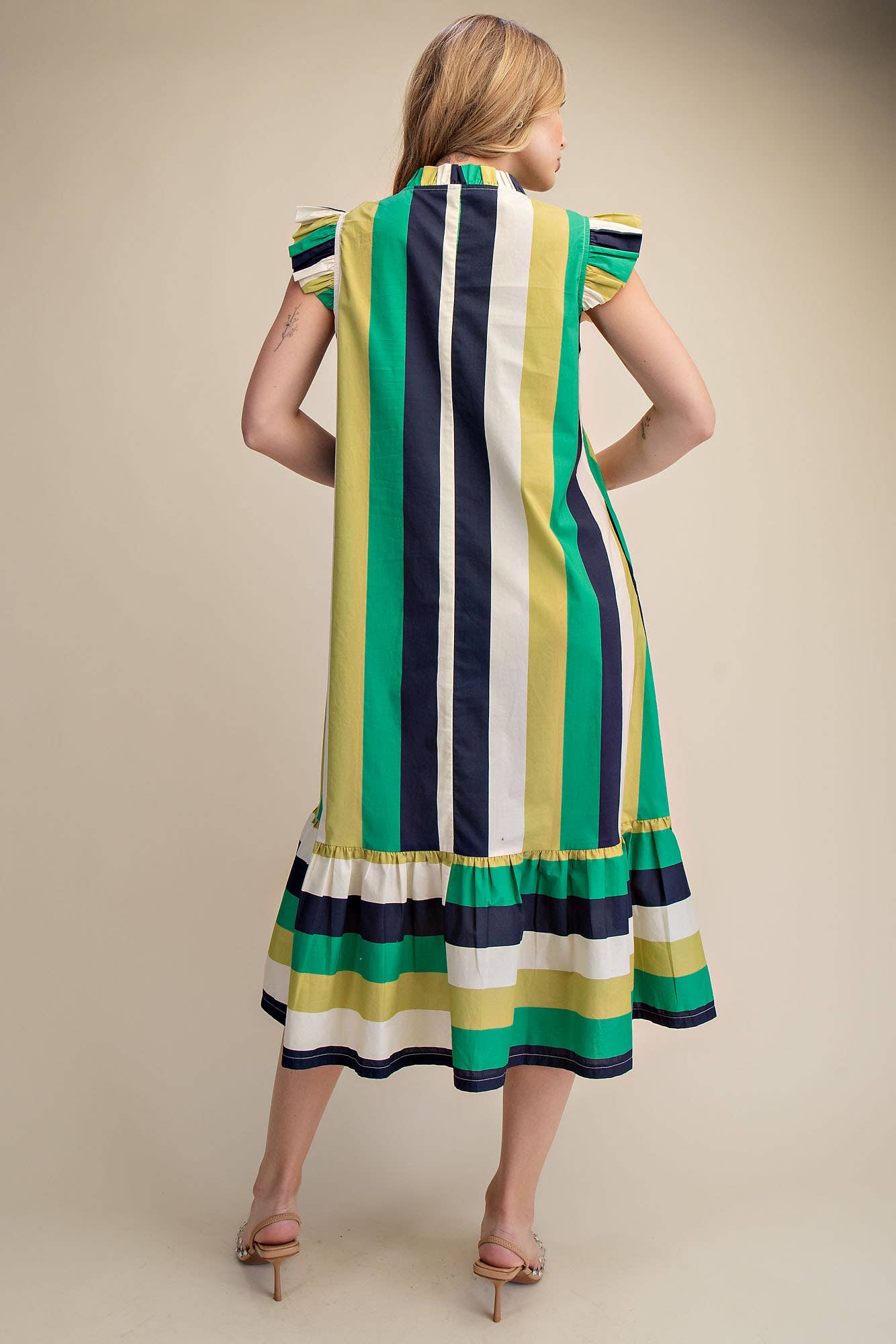 Ruffle Neck Sleeveless Flutter Stripe Midi Dress