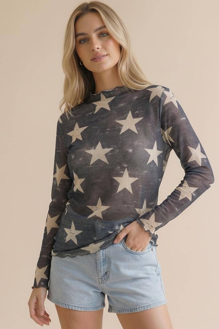 High Neck Line Vintage Star Print Mesh Top