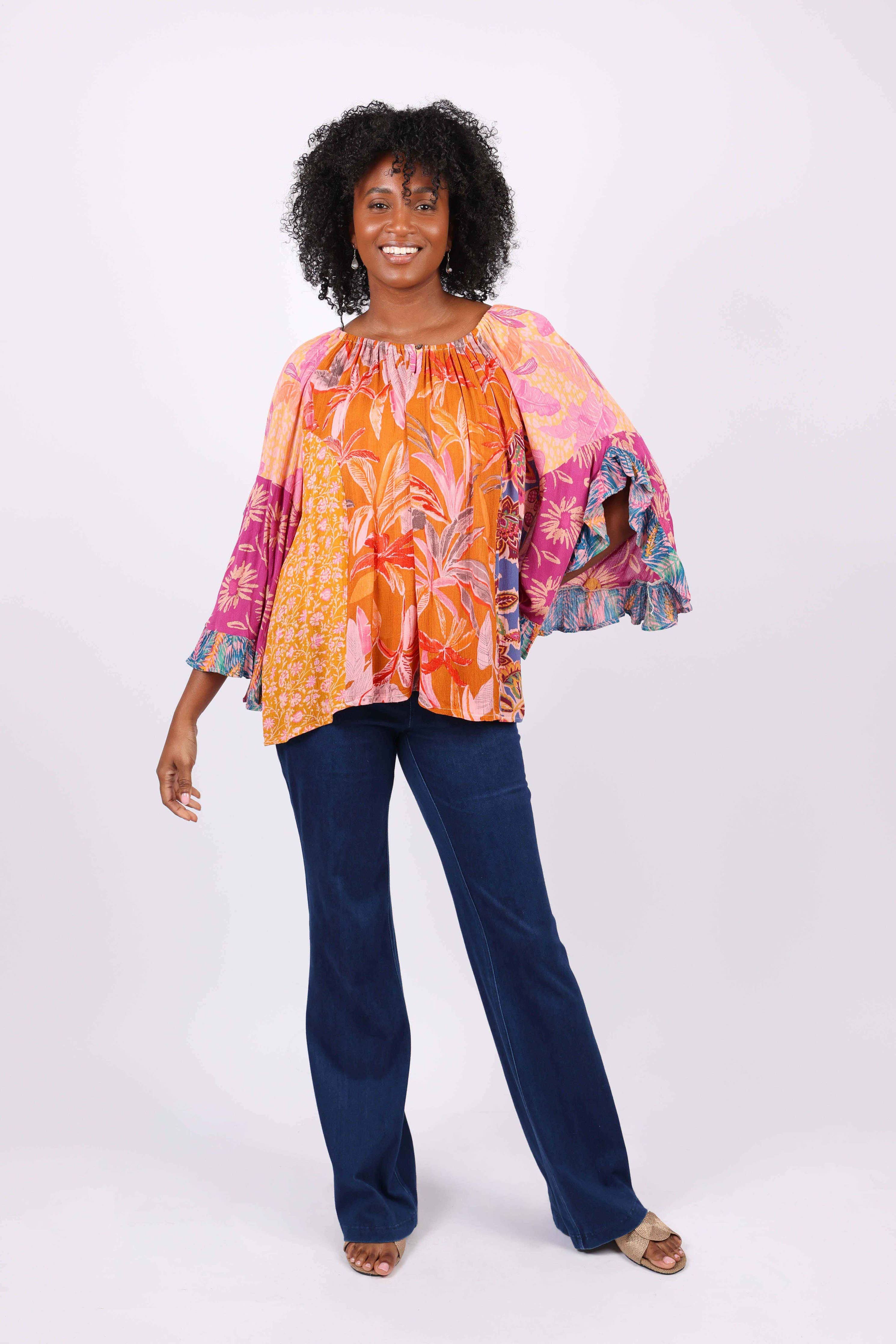 Flair Sleeve Floral Blouse: Rose Meadow Patchwork