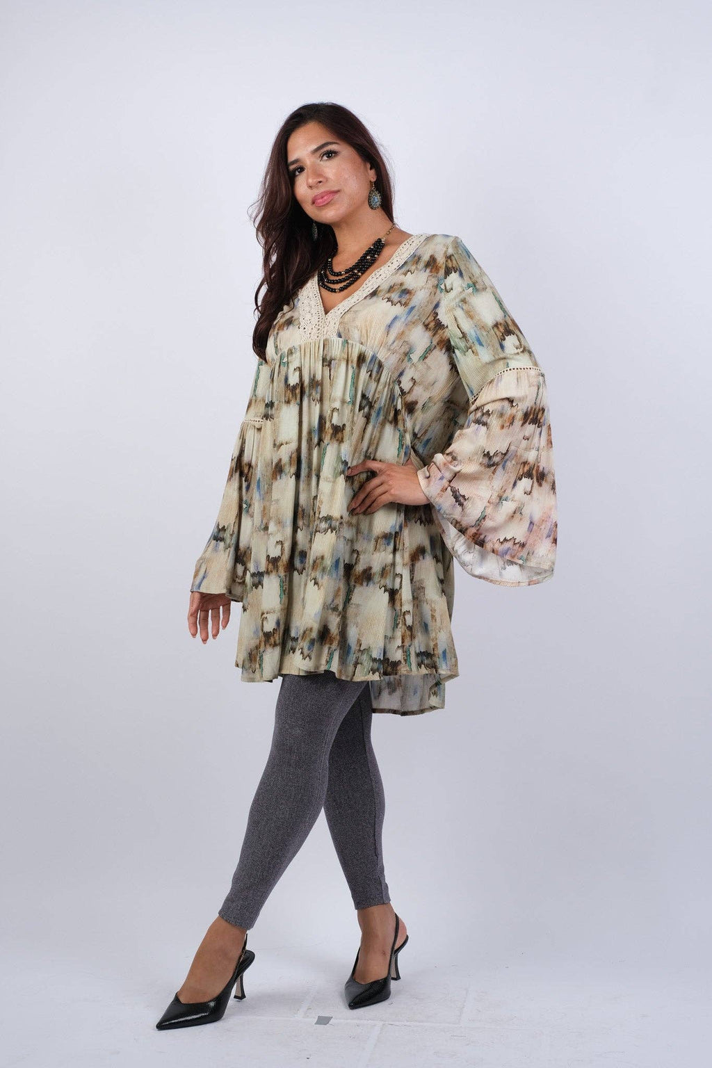 Abstract Camel Tunic with Flared Sleeves