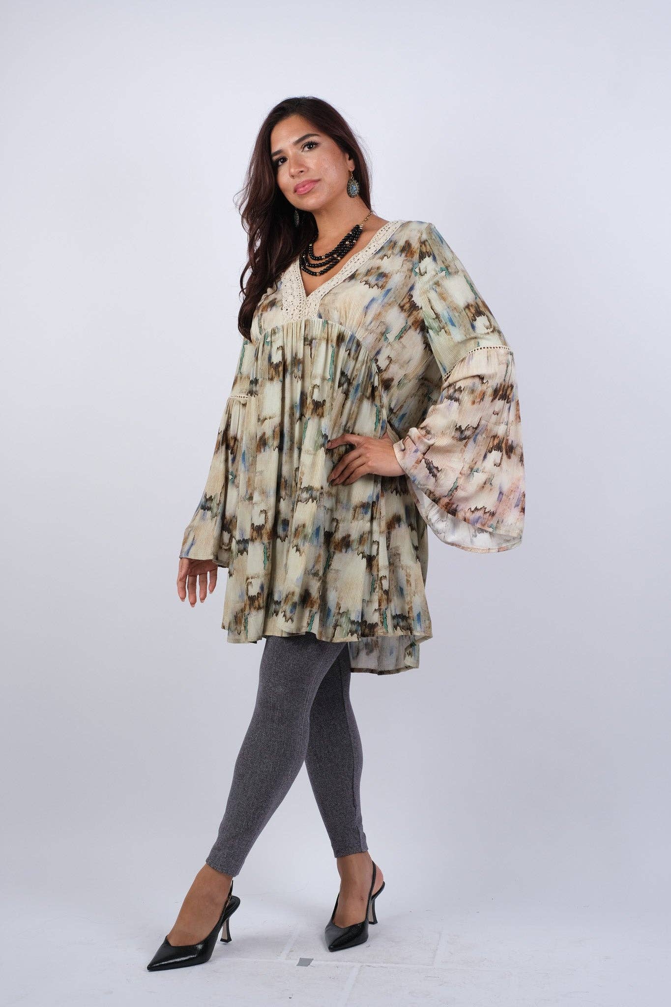Abstract Camel Tunic with Flared Sleeves