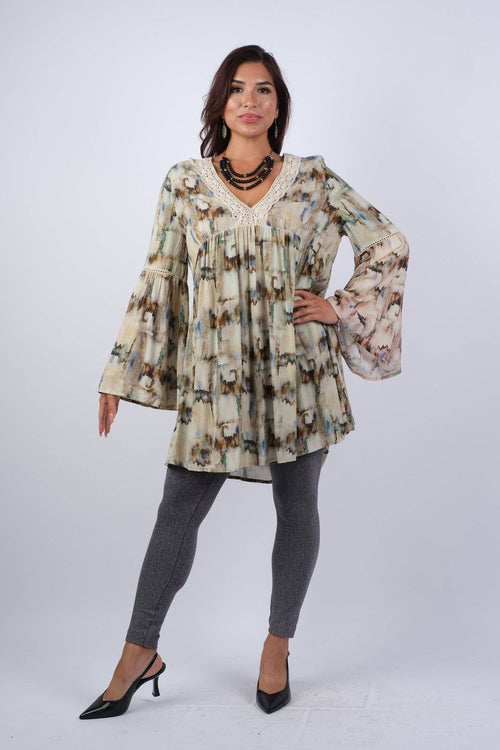 Abstract Camel Tunic with Flared Sleeves