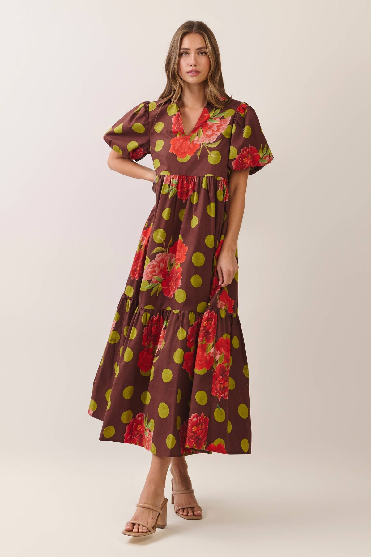 CD07547-Floral Polka Dot Tiered Maxi Dress
