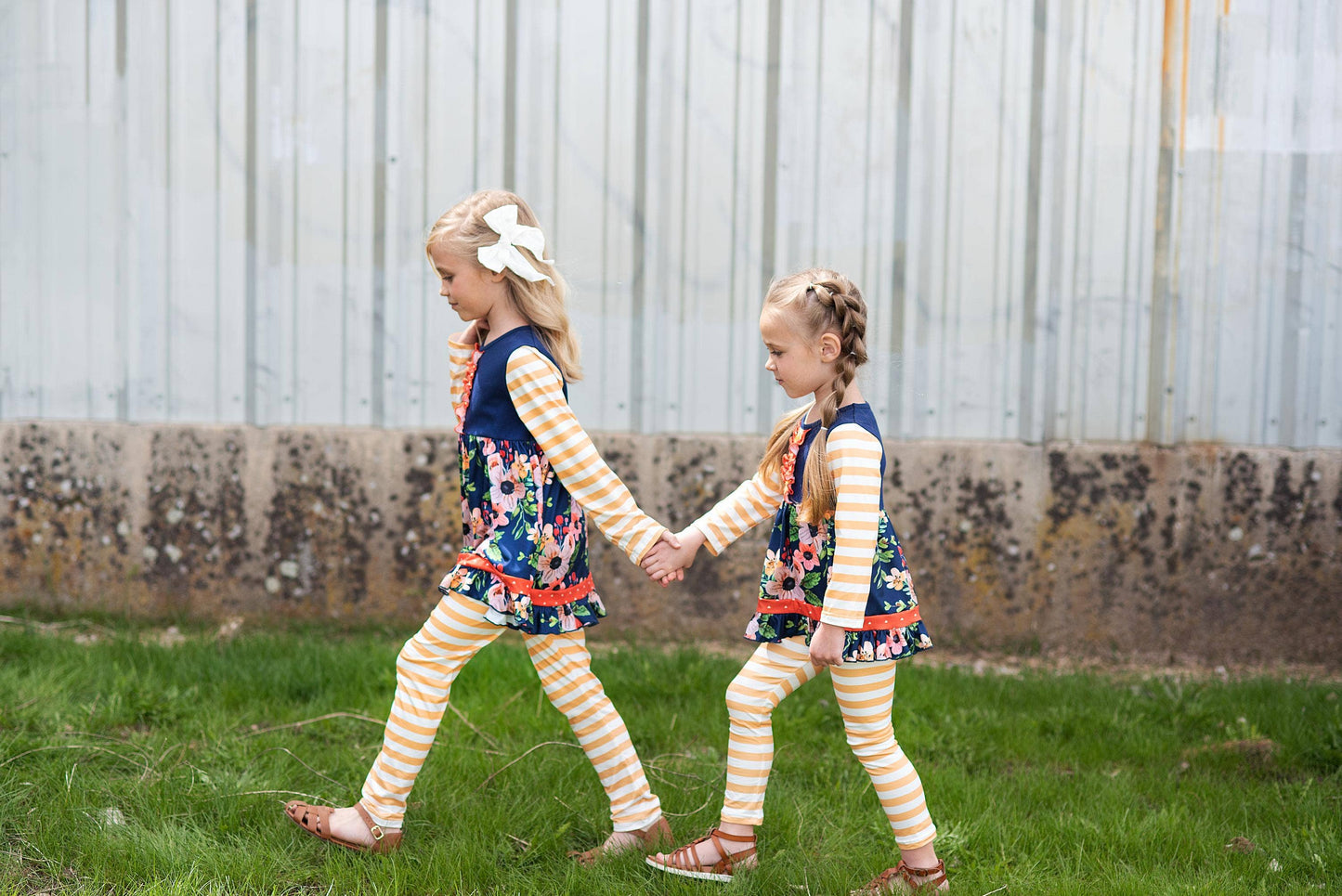 Kids Navy & Mustard Stripe Ruffle Button Long Sleeve Shirt