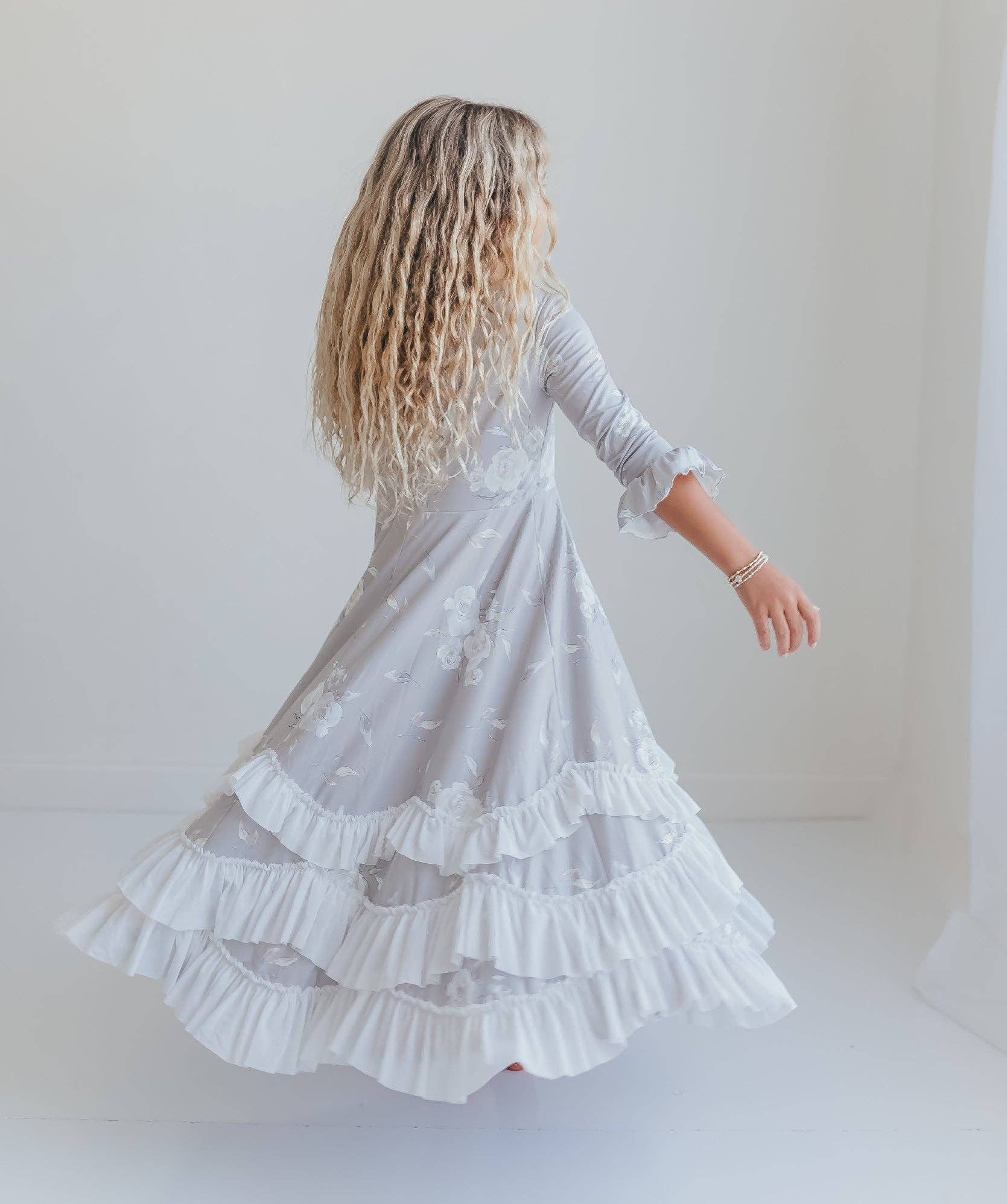 Girls Winter Rose Floral Long Sleeve Ruffles Dress