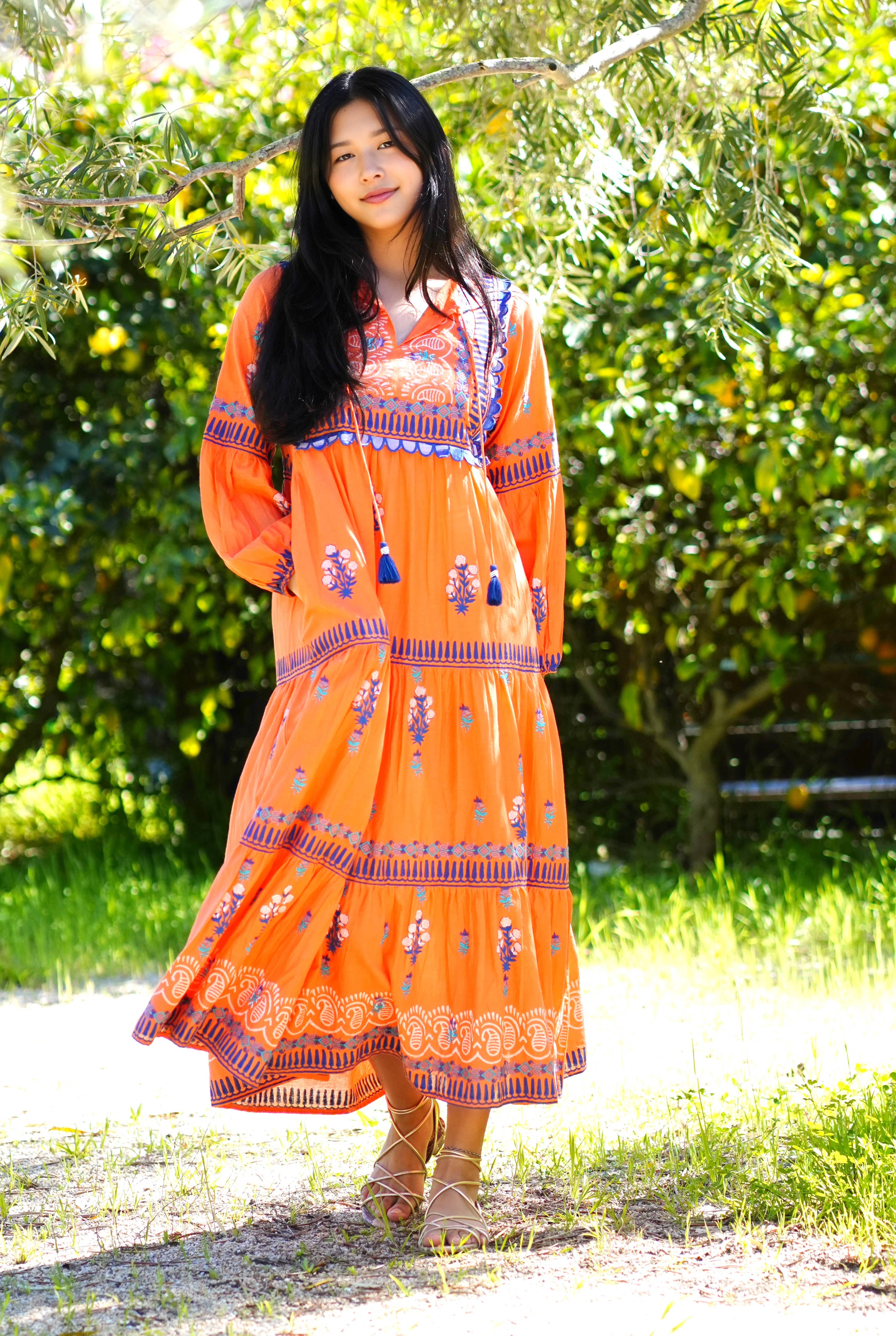 Rita Hand Block Printed Maxi Dress Orange