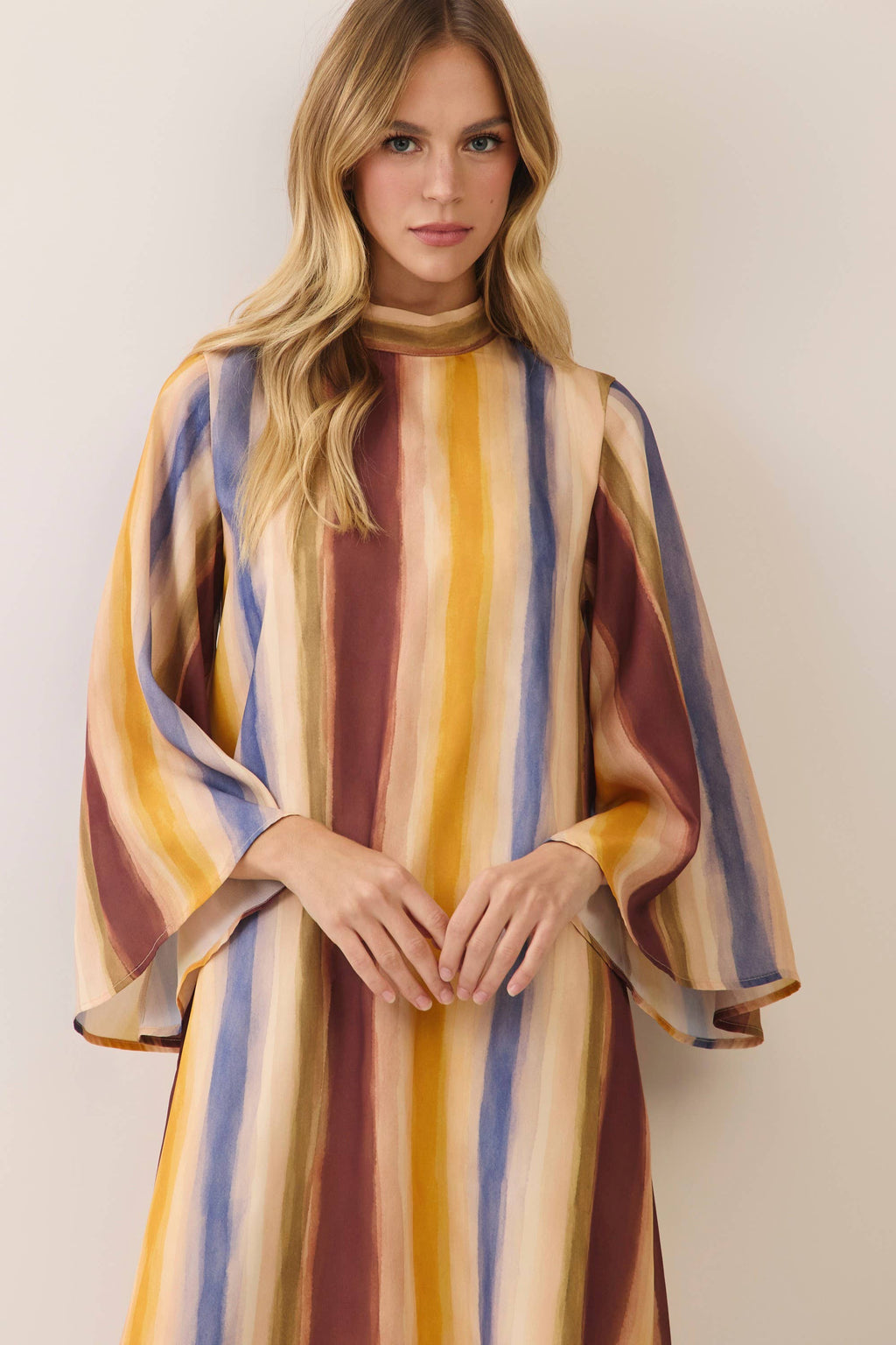 Watercolor striped tie neck maxi dress
