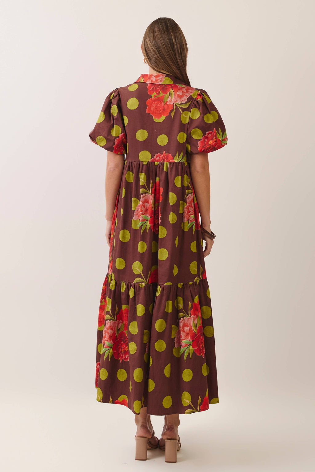 CD07547-Floral Polka Dot Tiered Maxi Dress