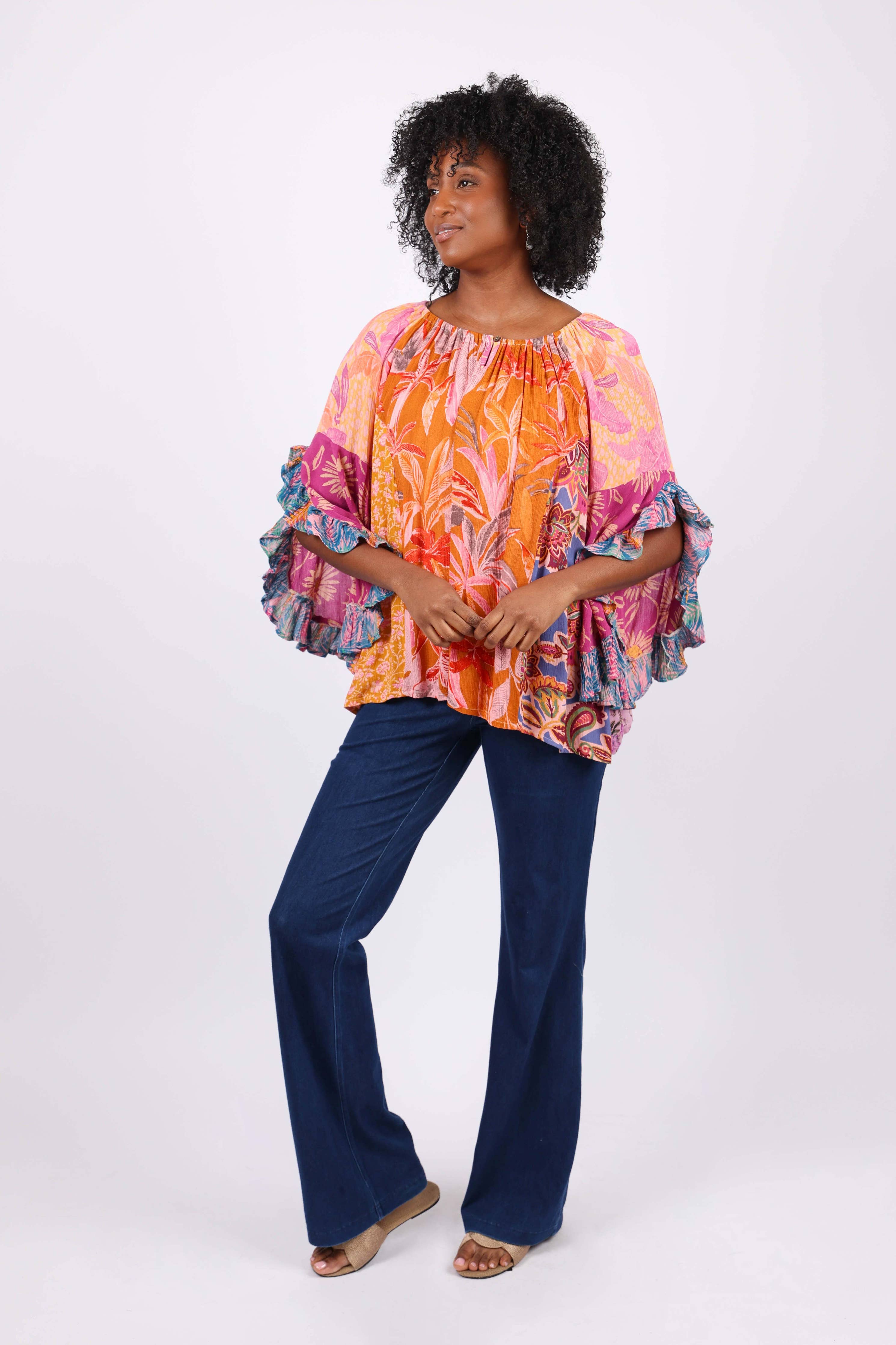 Flair Sleeve Floral Blouse: Rose Meadow Patchwork