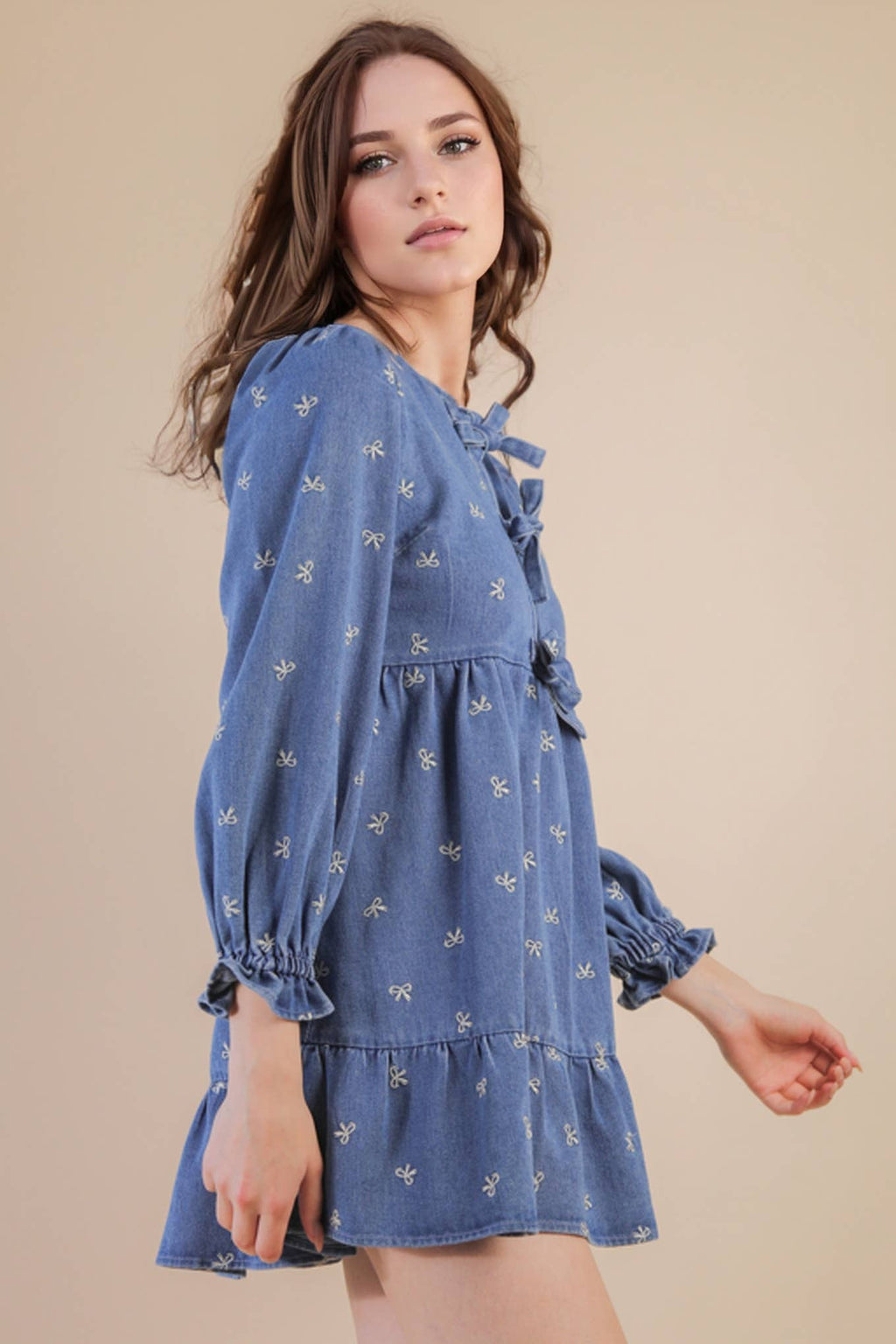 ND31898-Soft Washed Denim Printed Casual Mini Dress