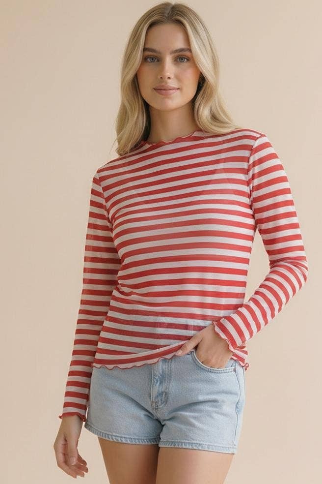 High Neck Line Long Sleeve Stripe Mesh Top