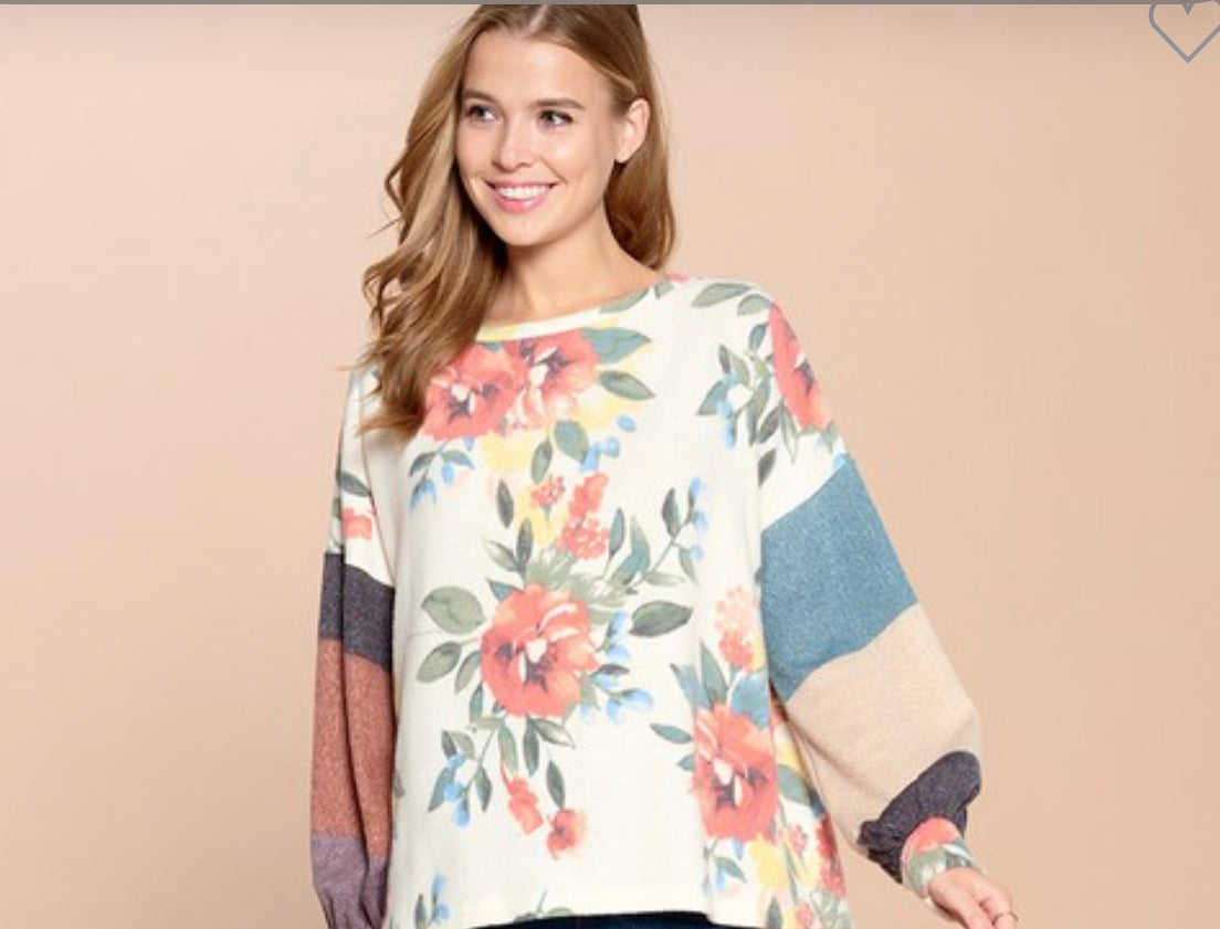 Floral Print Color Block Sleeve Top